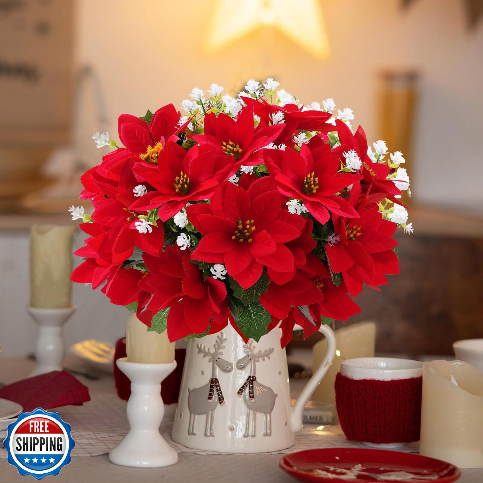 ZYZEV 14” Artificial Poinsettias Flowers for Outdoor,12 Bunches Mixed Fake R
