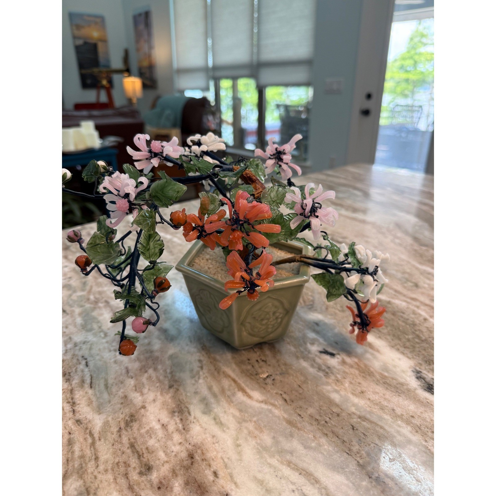 Vintage Chinese Glass Bonsai Tree Pink White Orange Flowers Celadon Pot 10″