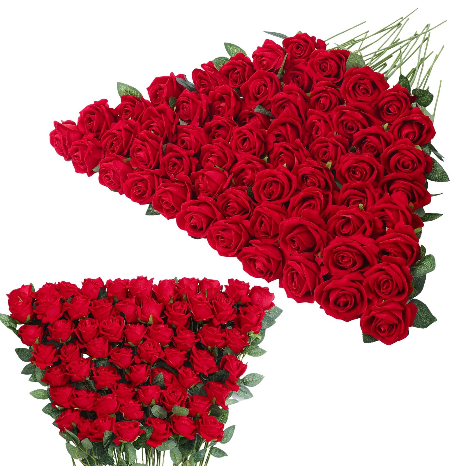 Ovveroche 90 Pcs Red Velvet Rose Artificial Flowers, 51cm Silk Wedding Fake S…