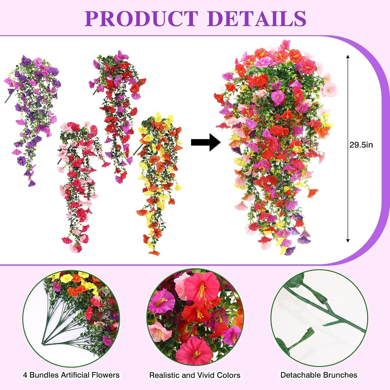 Realistic 4pc Faux Silk Hanging Flowers in Colorful Combinations for Any Setting