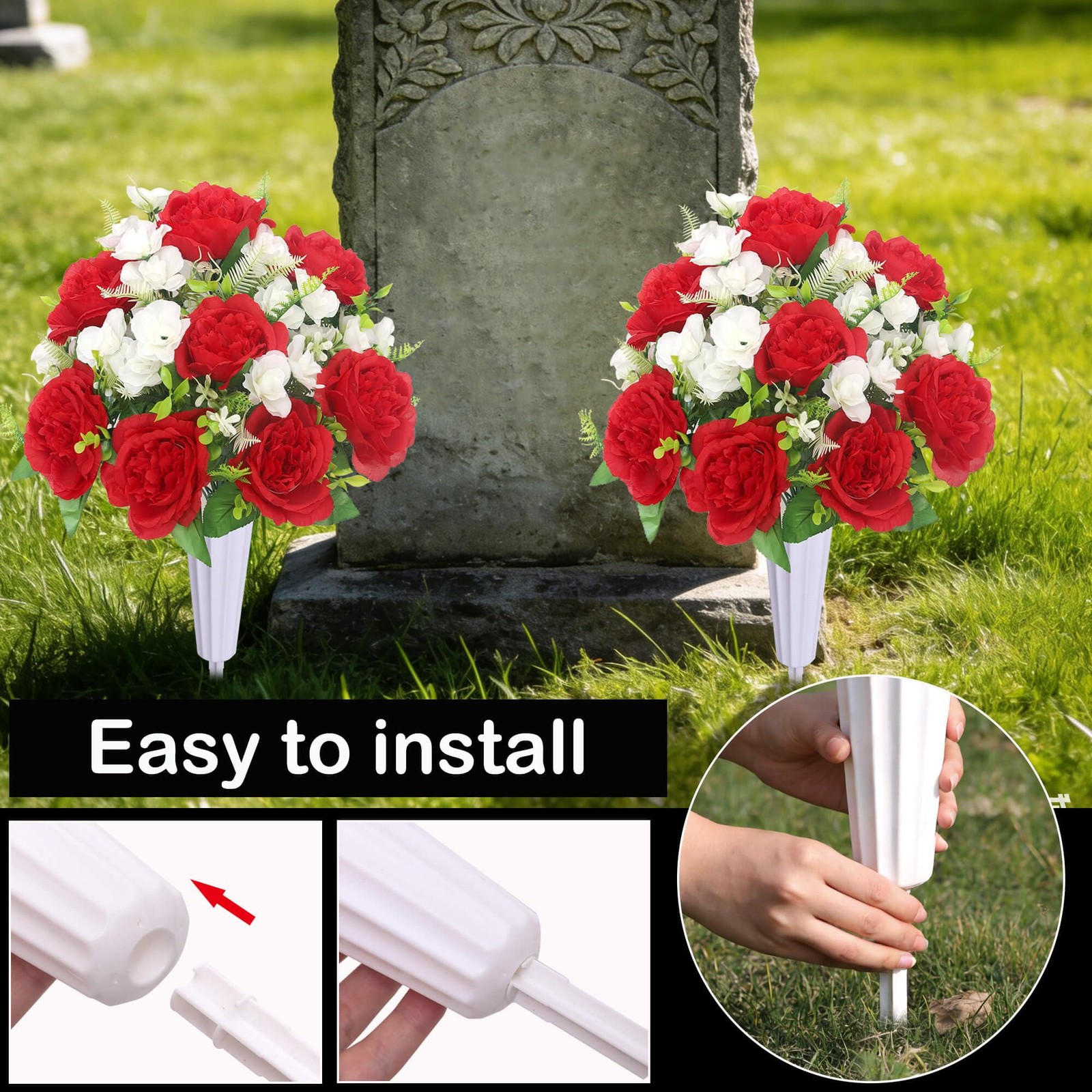 Artificial Cemetery Flowers with Vase – Set of 2 Peony Bouquets & Memorial Va…