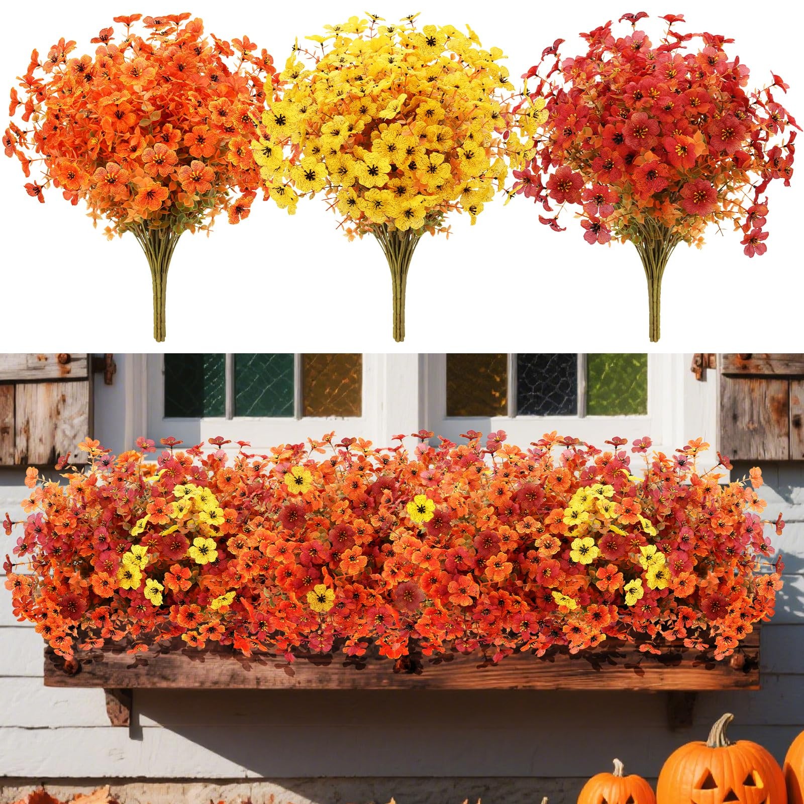 12 Bundles Artificial Fall Flowers Faux Mums for Outdoor Indoor, Artificial P…