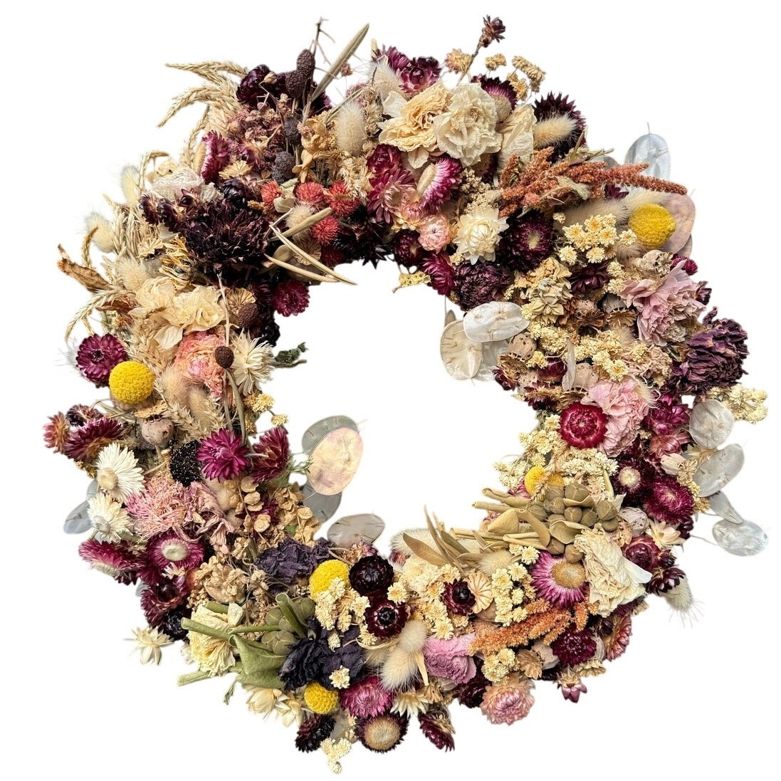 Organic Dried Floral Wreath 15″ Ranunculus, Dahlia, Seed Pods, Handmade Crafty