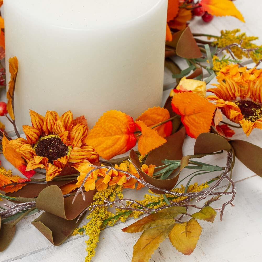 Set of 2 Artificial Sunflower & Chinese Lantern 17″ Candle Rings / Small Wreaths