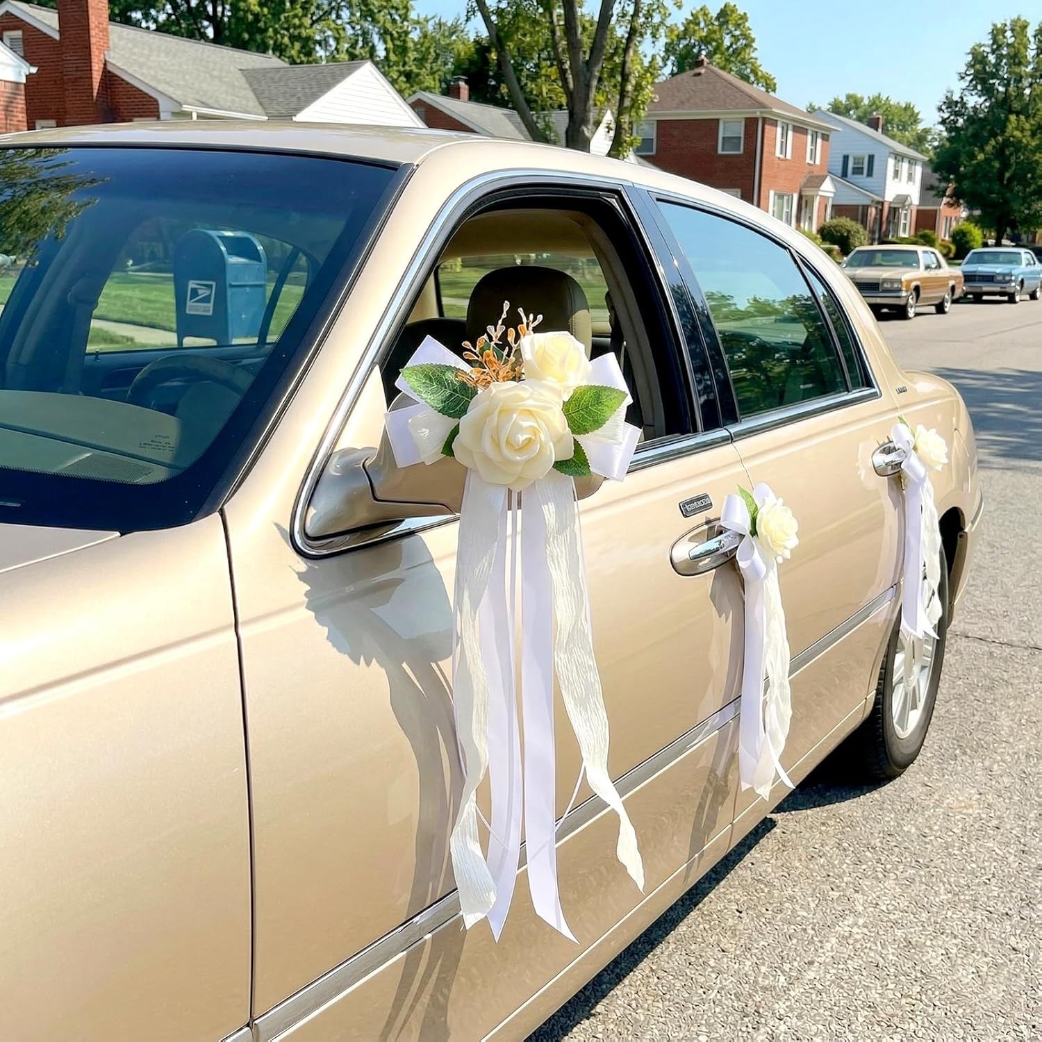 4PCS Wedding Car Door Handle Decorative Flowers, White Artificial Cars Bouquet F