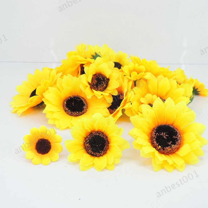 50pcs Mini Artificial Flower Silk Sunflower Head Gift Box Yellow Daisy Head