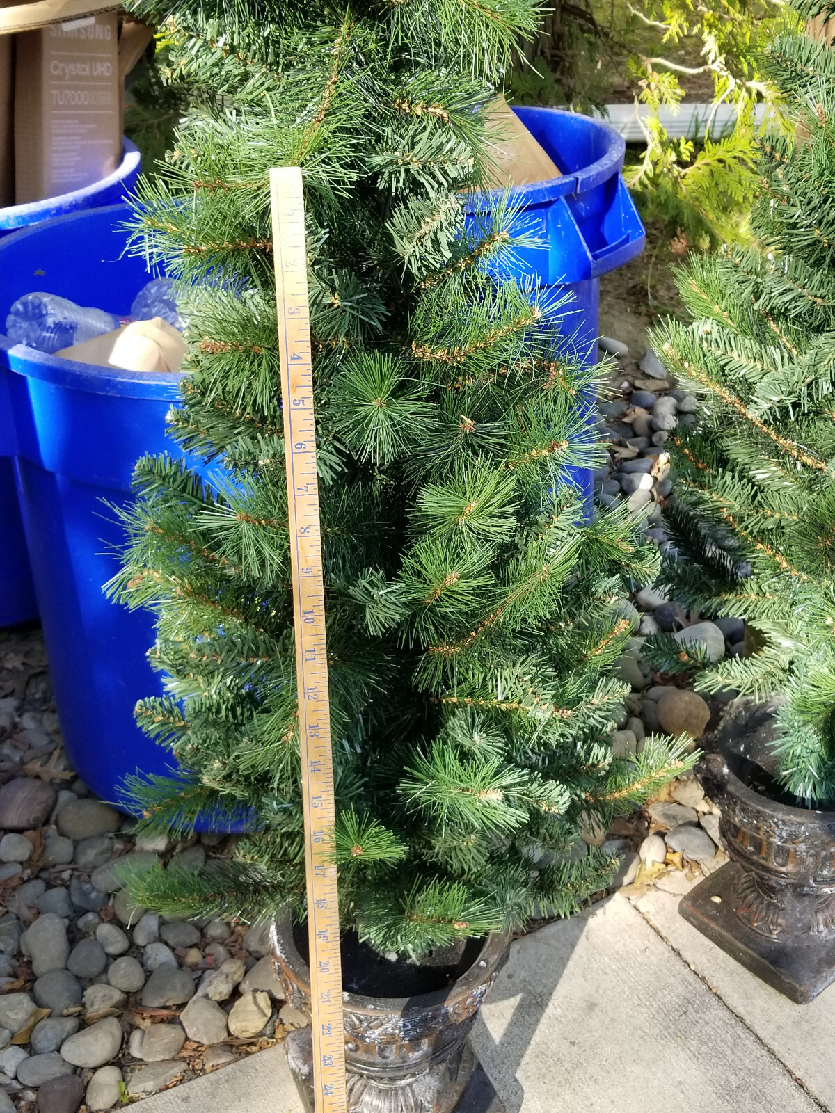 A PAIR OF DECRATIVE ARTIFICIAL FAUX POTTED PORCH PINE PLANTS 4′