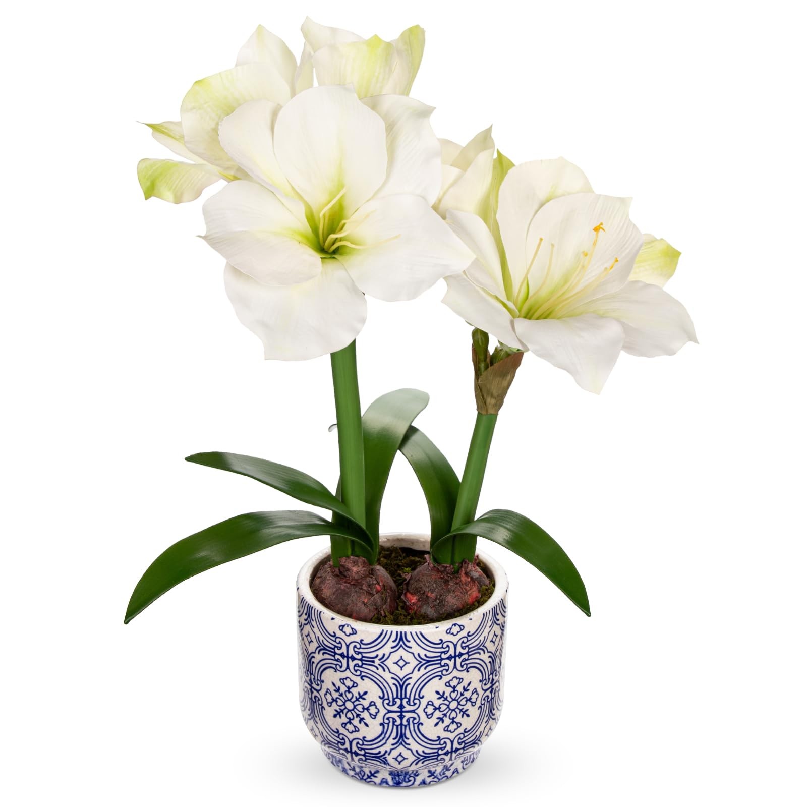 Amaryllis Artificial Flowers in Blue Ceramic Pot 18.1″ Faux White Amaryllis F…