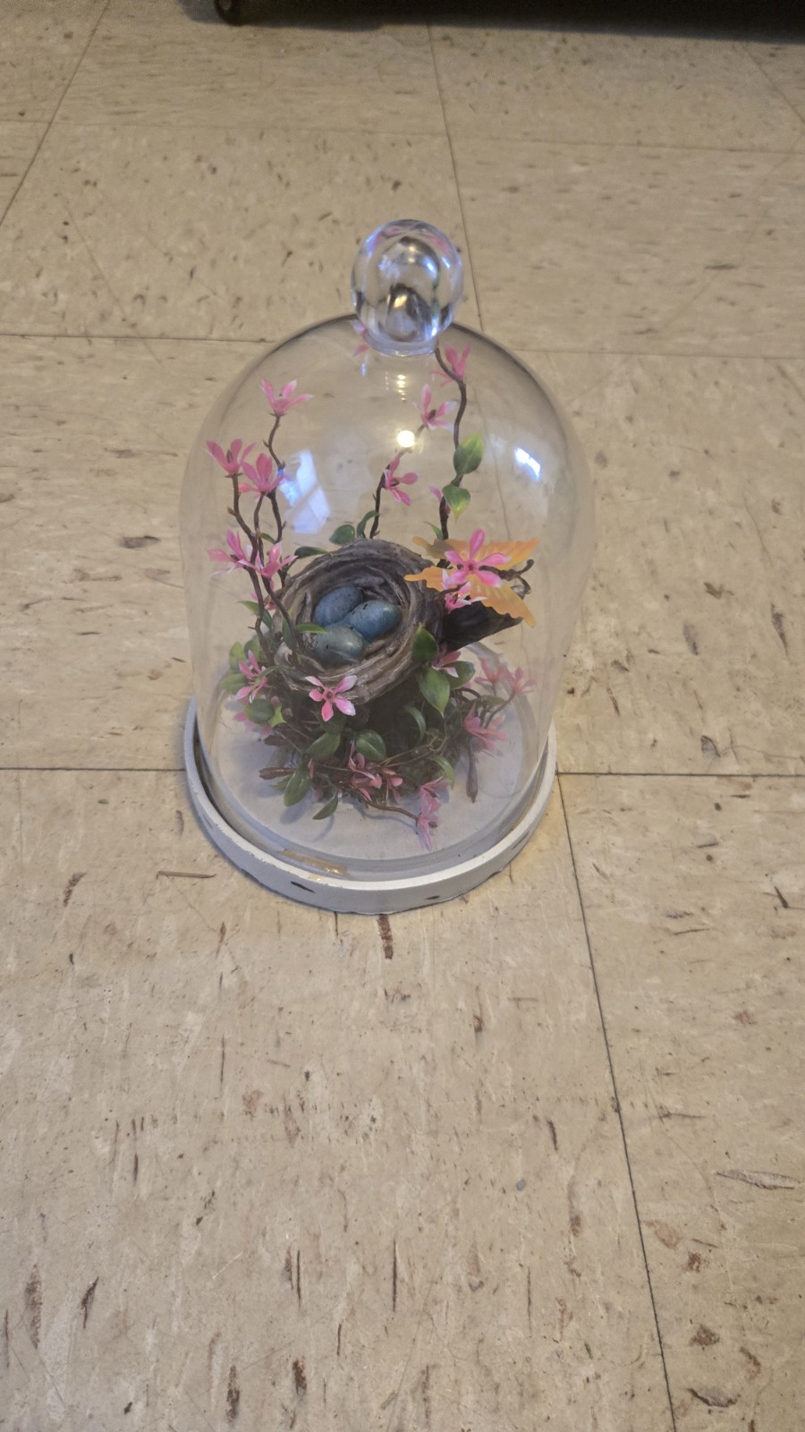 Artificial Floral Arrangement Glass Dome with Bird Nest, Eggs, Butterfly, Pink …