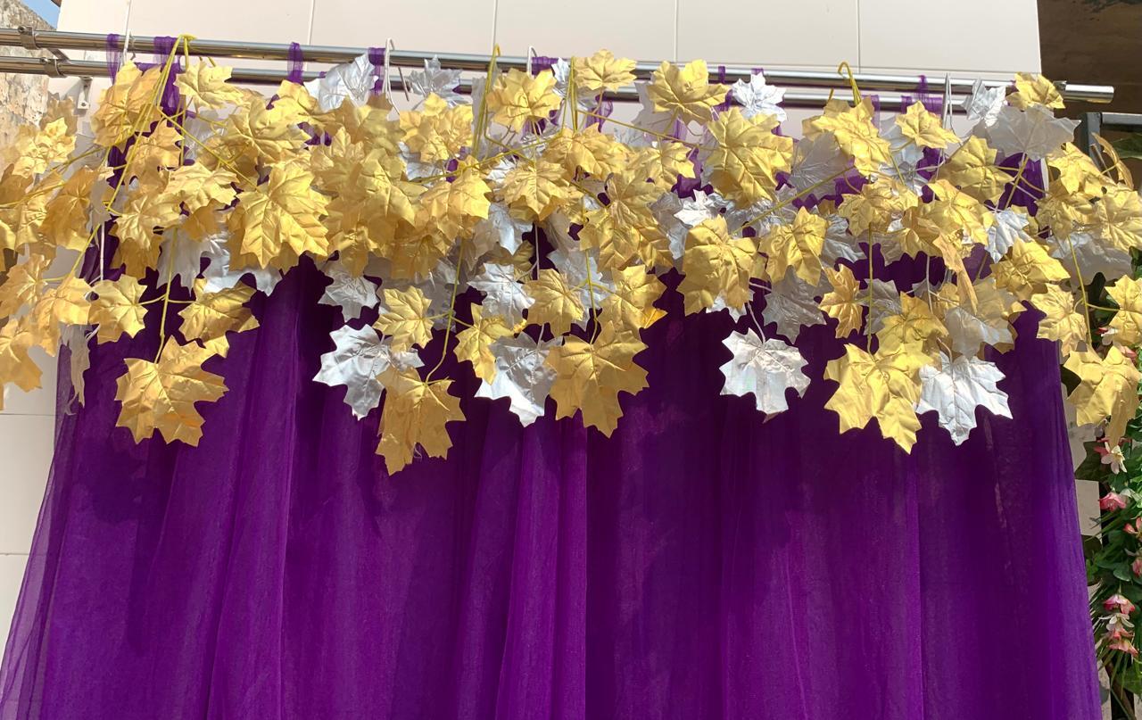 Purple Decoration Backdrop Fabric With Gold & Silver Maple Leaves Party Backdrop