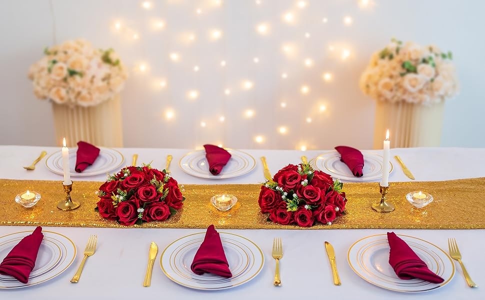 Flower Centerpieces for Tables Wedding: 10 Pcs Crimson Red Artificial Rose