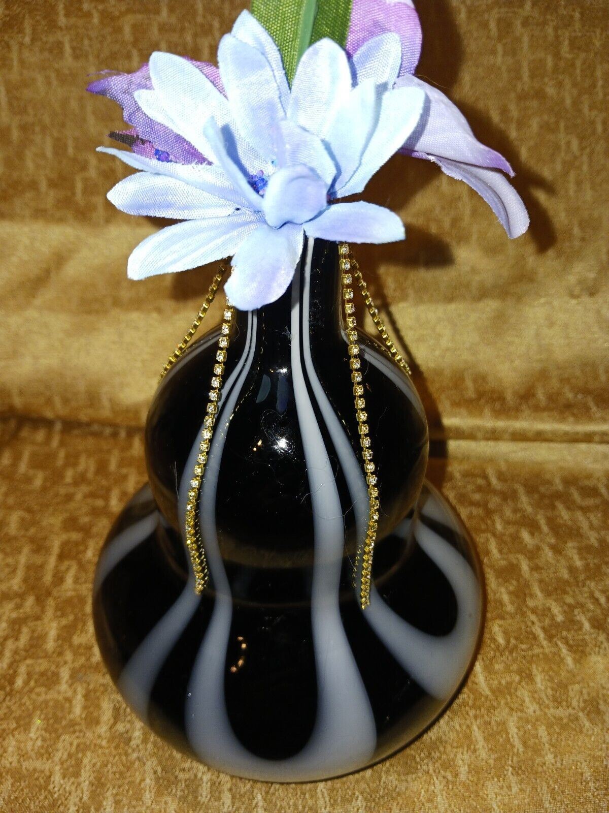 Artificial Flower Arrangement With Vintage Black & White Glass Vase Art Deco