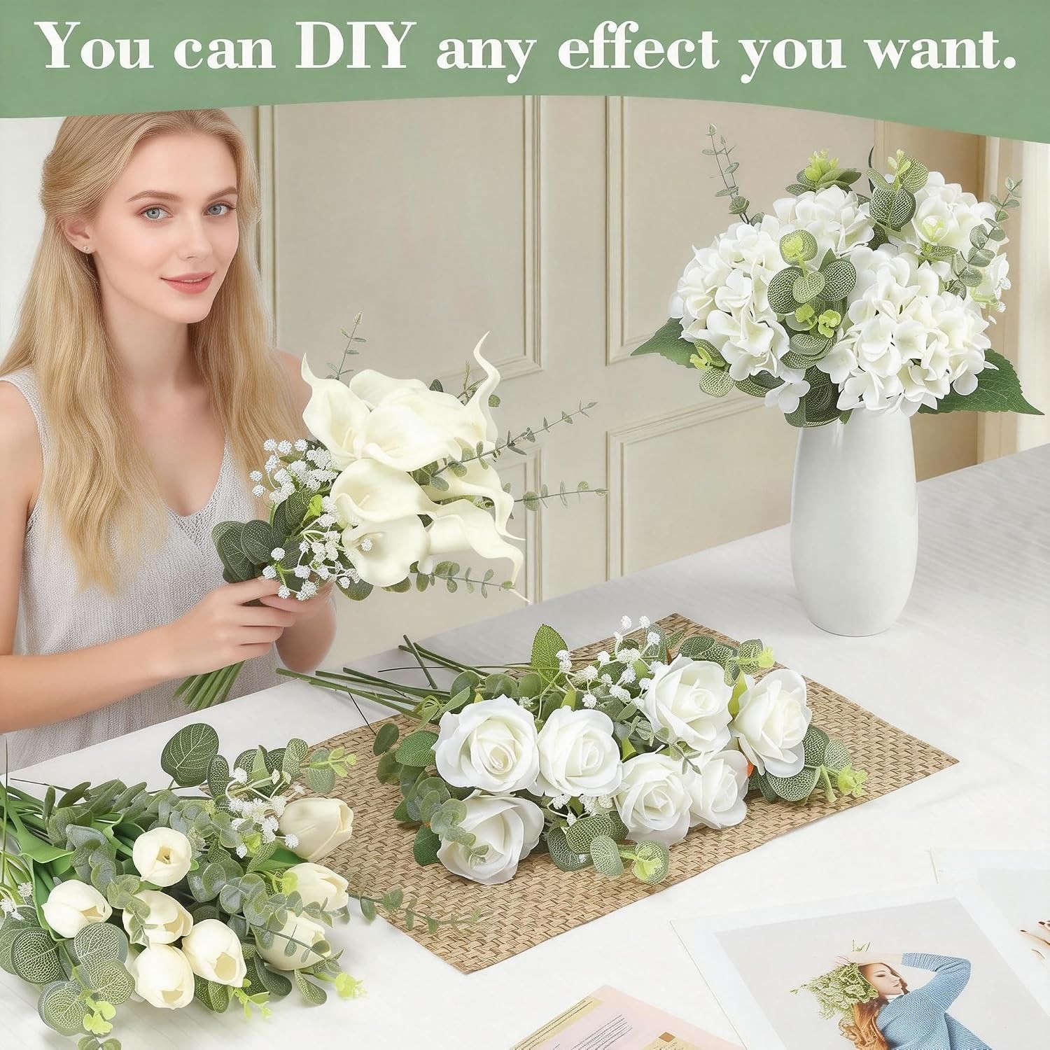 4 Kinds 55PCS Silk Hydrangea Artificial Flowers Eucalyptus Stems, Fake Flower