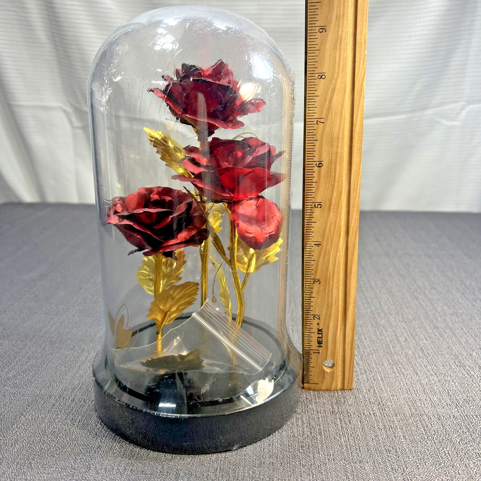 Dream Of Flowers Forever Roses Foiled Led Light Strand in Glass Dome Wooden Base