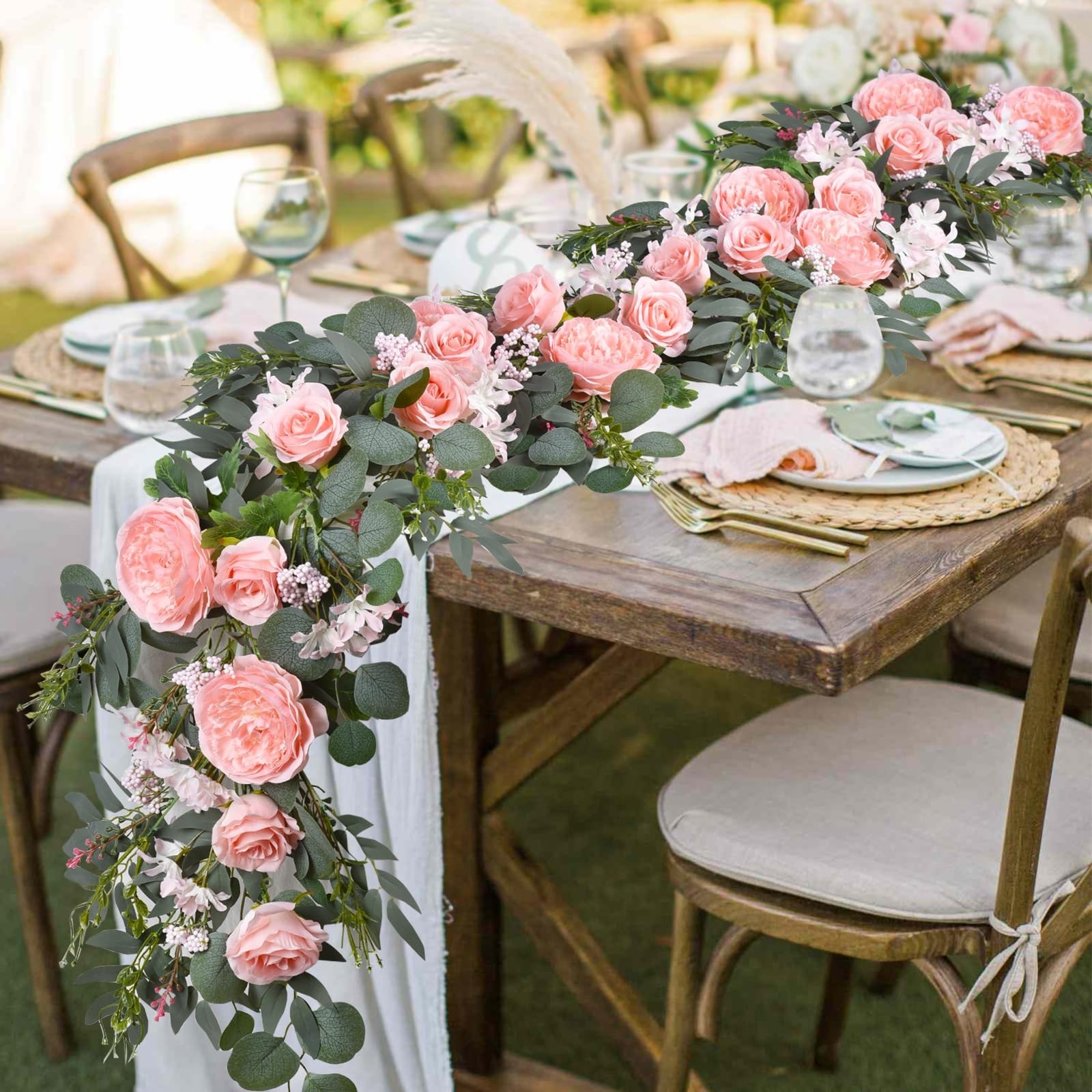 2Pcs 6ft Artificial Peony Flower Garland with Eucalyptus – Wedding Party Decor