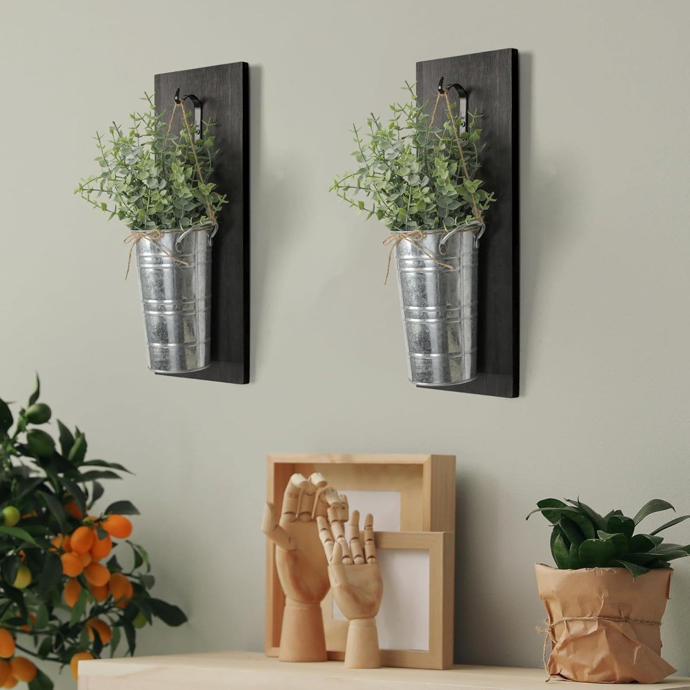 Set of 2 Wood Hanging Planters with Artificial Eucalyptus, Wall Decor