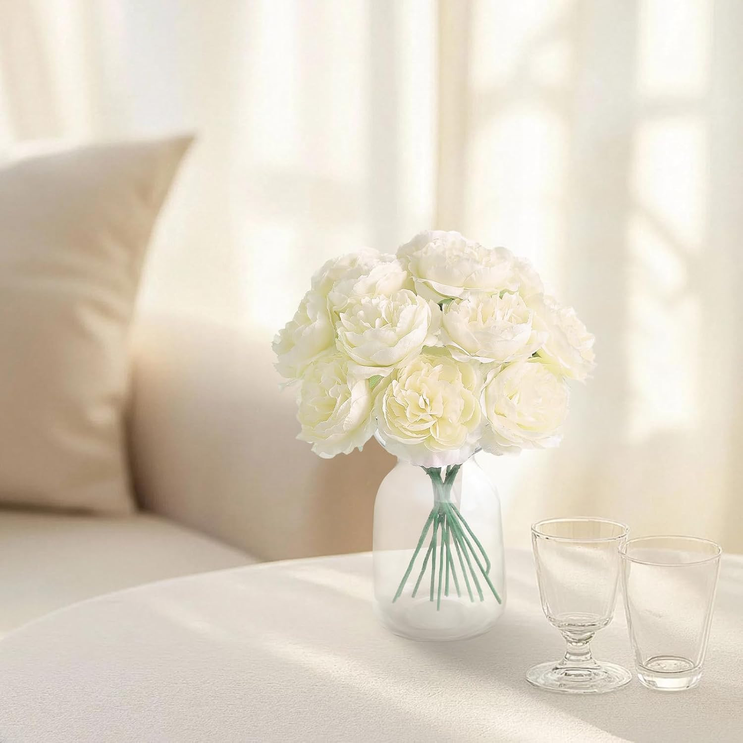 12 PCS Artificial Silk Ivory Peony Flowers with Stems – 8 Inch Fake Peony Bou…
