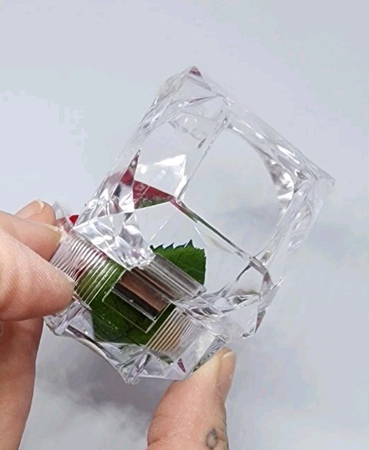 preserved Real red rose W Leaf In clear diamond shaped acrylic Ring box