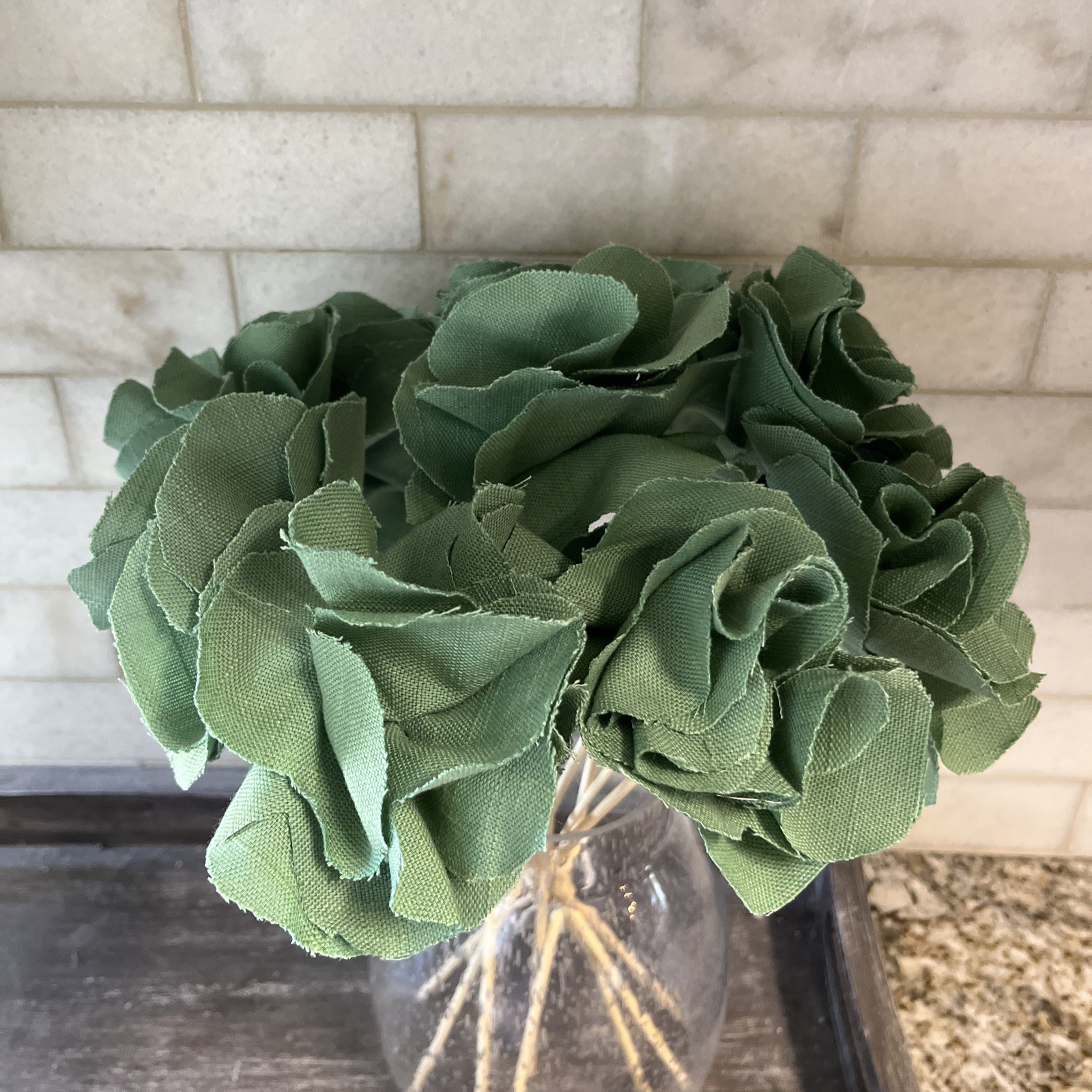 Flowers Handmade Green Fabric Set Of 10 Flowers. 12”-13” Long Vase Not Included