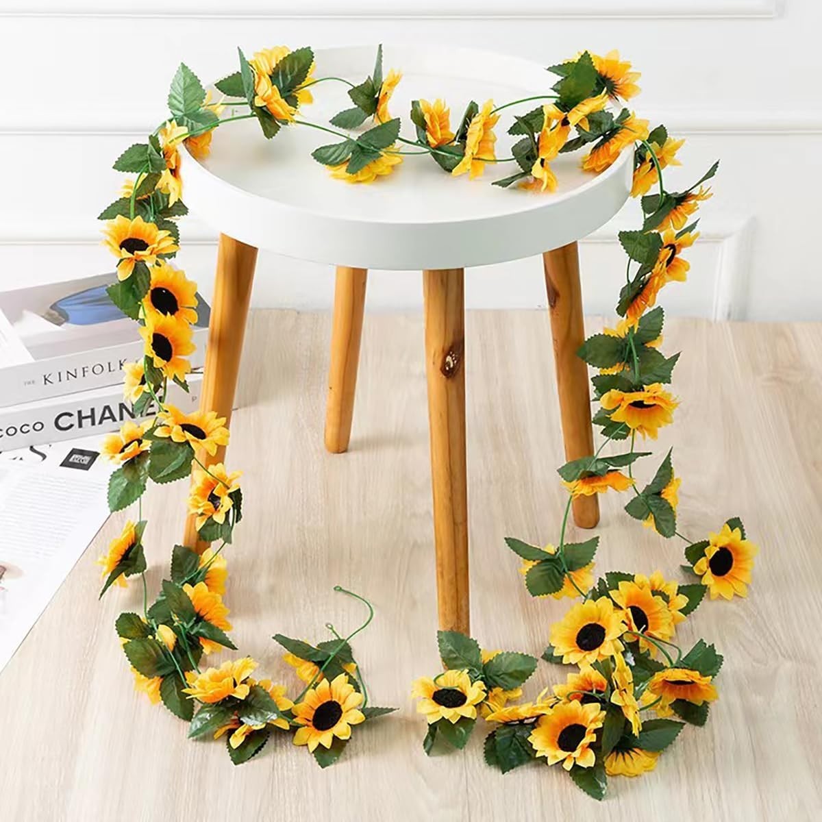 2 Pack Artificial Sunflower Garlands, Faux Silk Vine with Green Leaves Decor