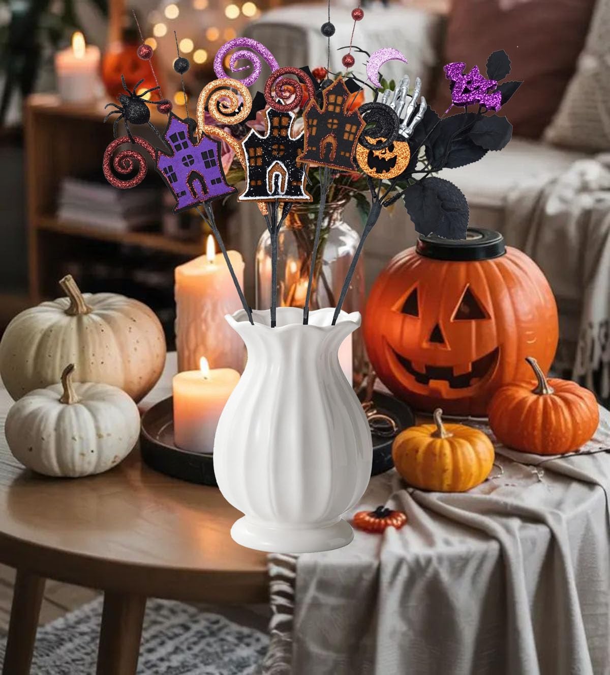 4 Pcs Artificial Halloween Floral Picks Purple Orange Black Berry Stems Hallo…