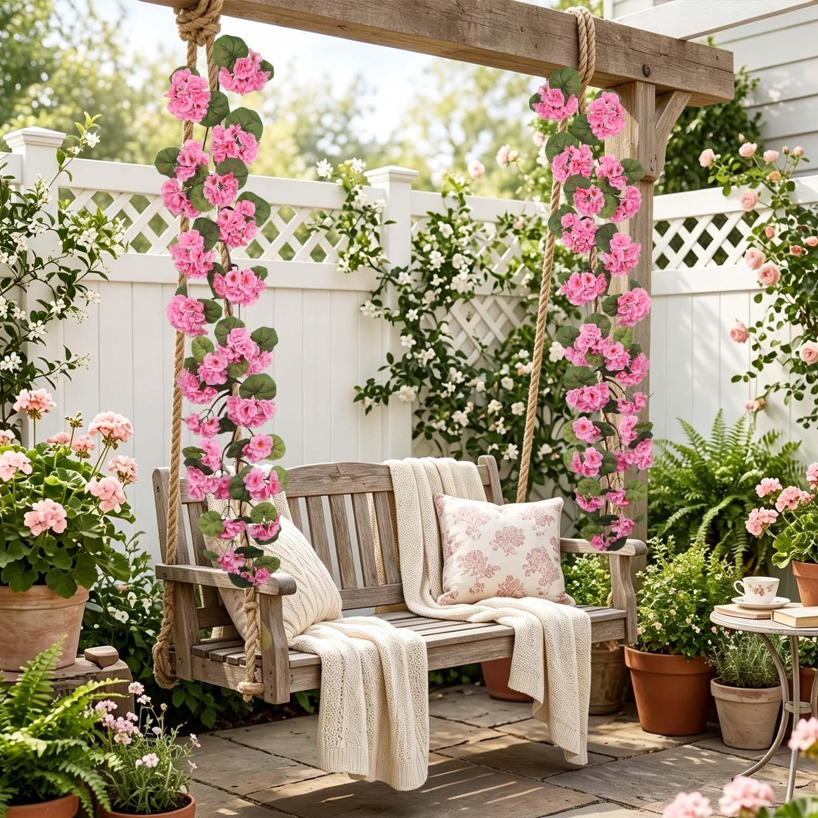 36″ Artificial Geranium Garland for Outdoors UV Resistant Faux Silk Flower Pi…