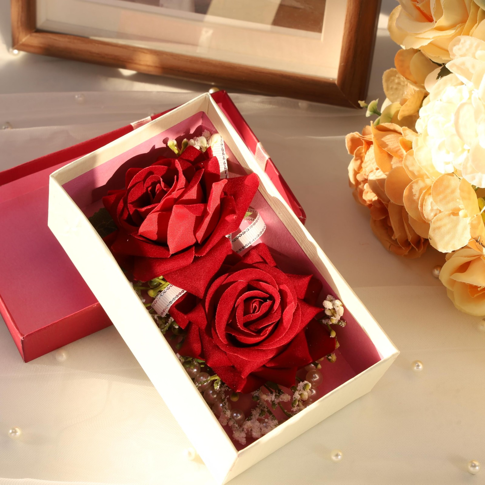 2Pcs Red Rose Corsage and Boutonniere Set Corsage Wristlet Band Bracelet for …