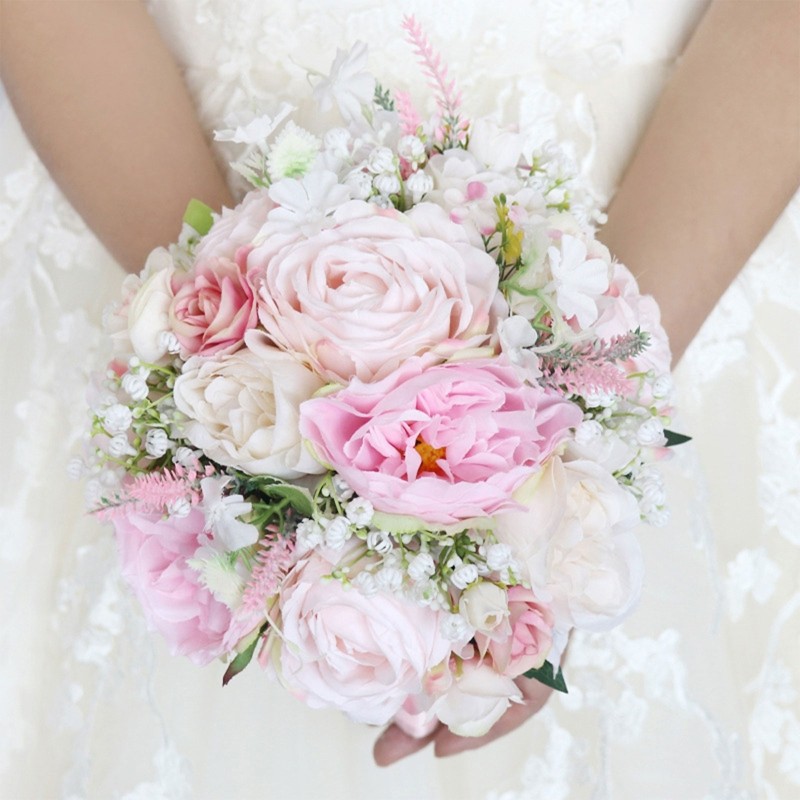 Artificial White/Pink Flower Bouquet with Green Leaves Fake Silk Floral