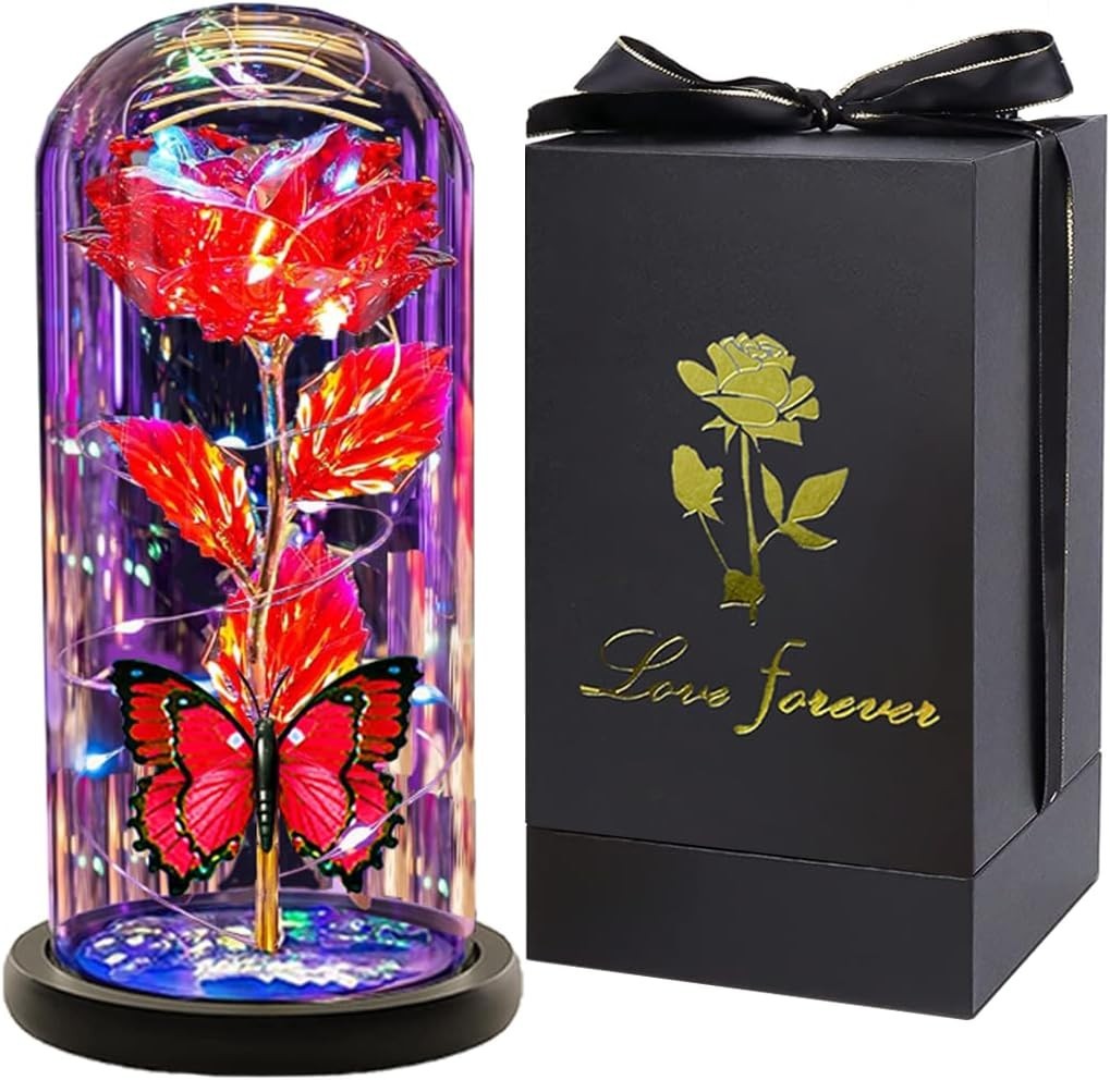 Mothers Day Gift For Her Forever Rose Flower Dome Glass LED Night Light