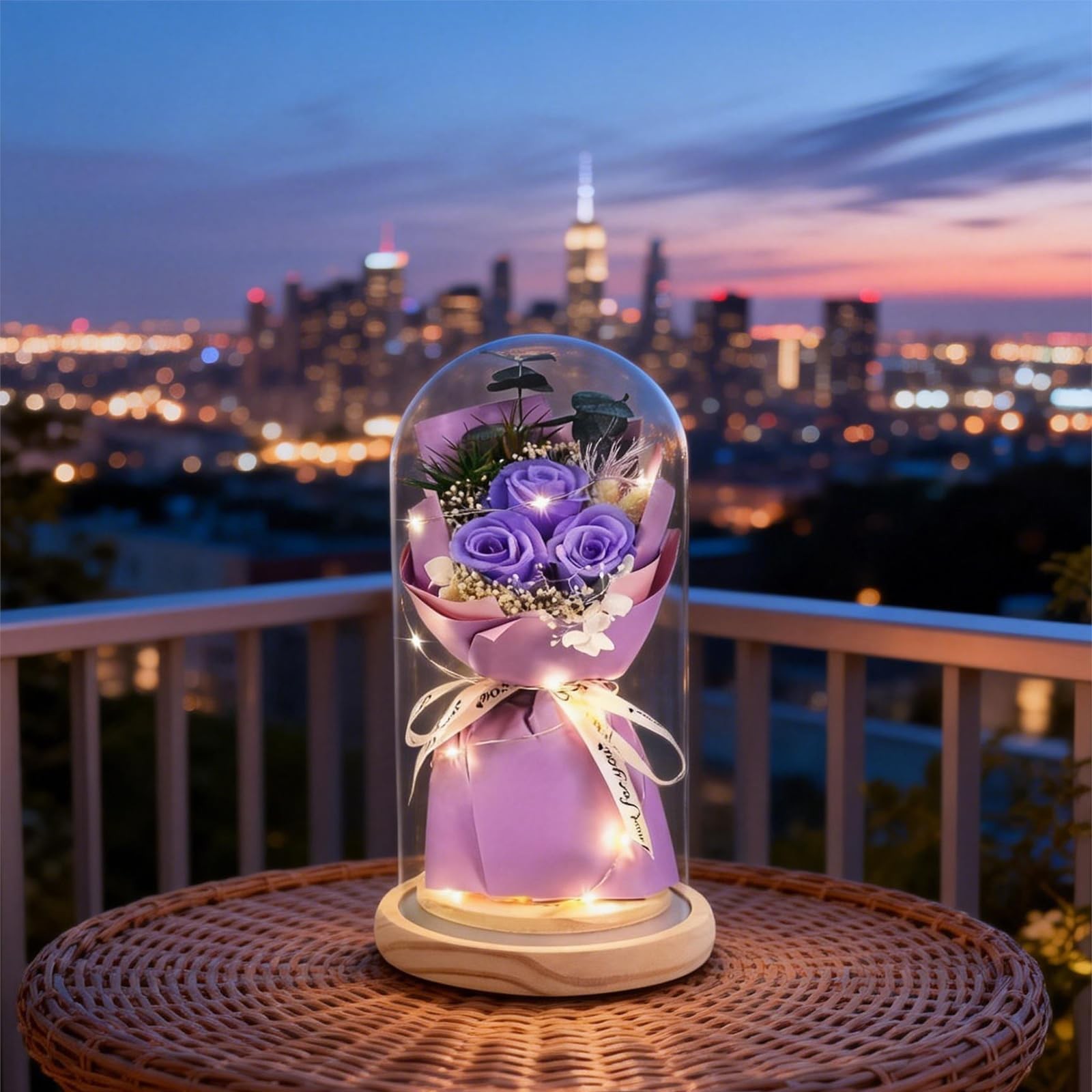 Preserved Flowers Bouquet in Glass Cloche Display Dome, Forever Purple Roses …