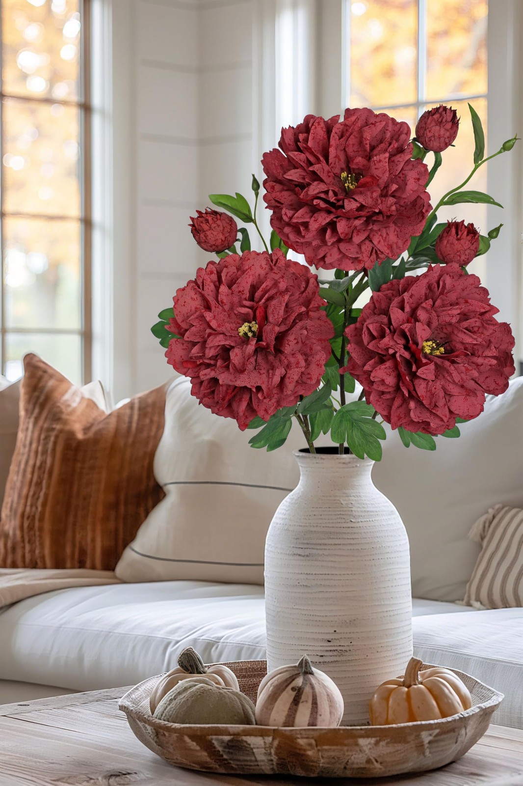 Dark Red Peonies Artificial Flowers 3Pcs Fall Flowers for Fall Decoration 27….