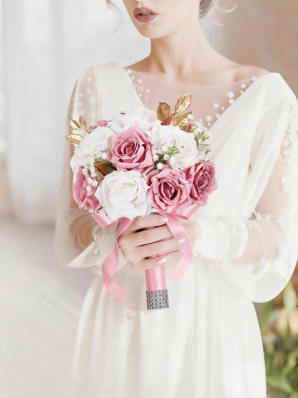 1 PCS Wedding Bouquets 9 Inch Artificial Rose Bridal Ivory White Pink Silk