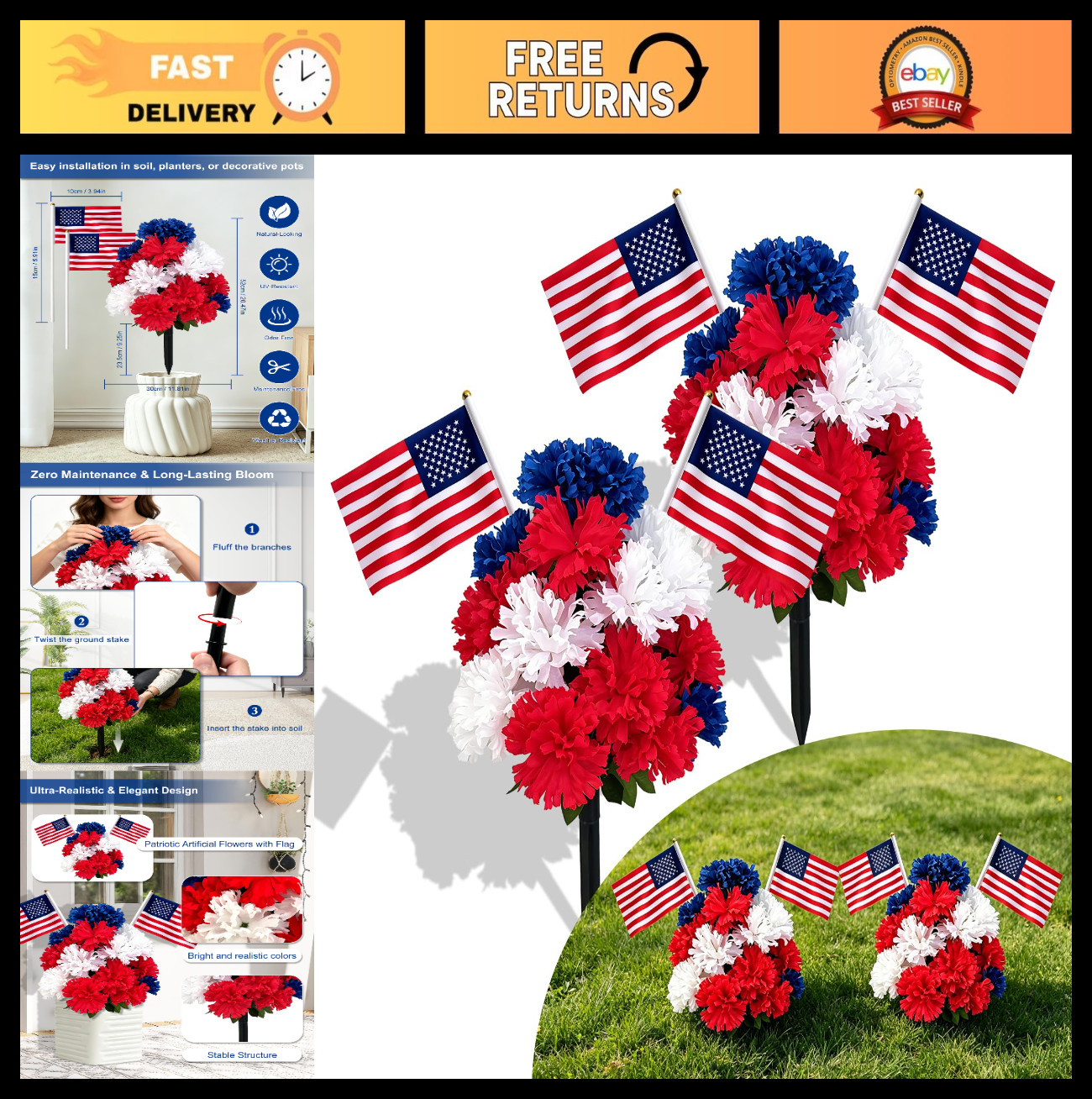2 Pack 20″ Patriotic Red White Blue Artificial Flowers with Ground Stakes | UV R