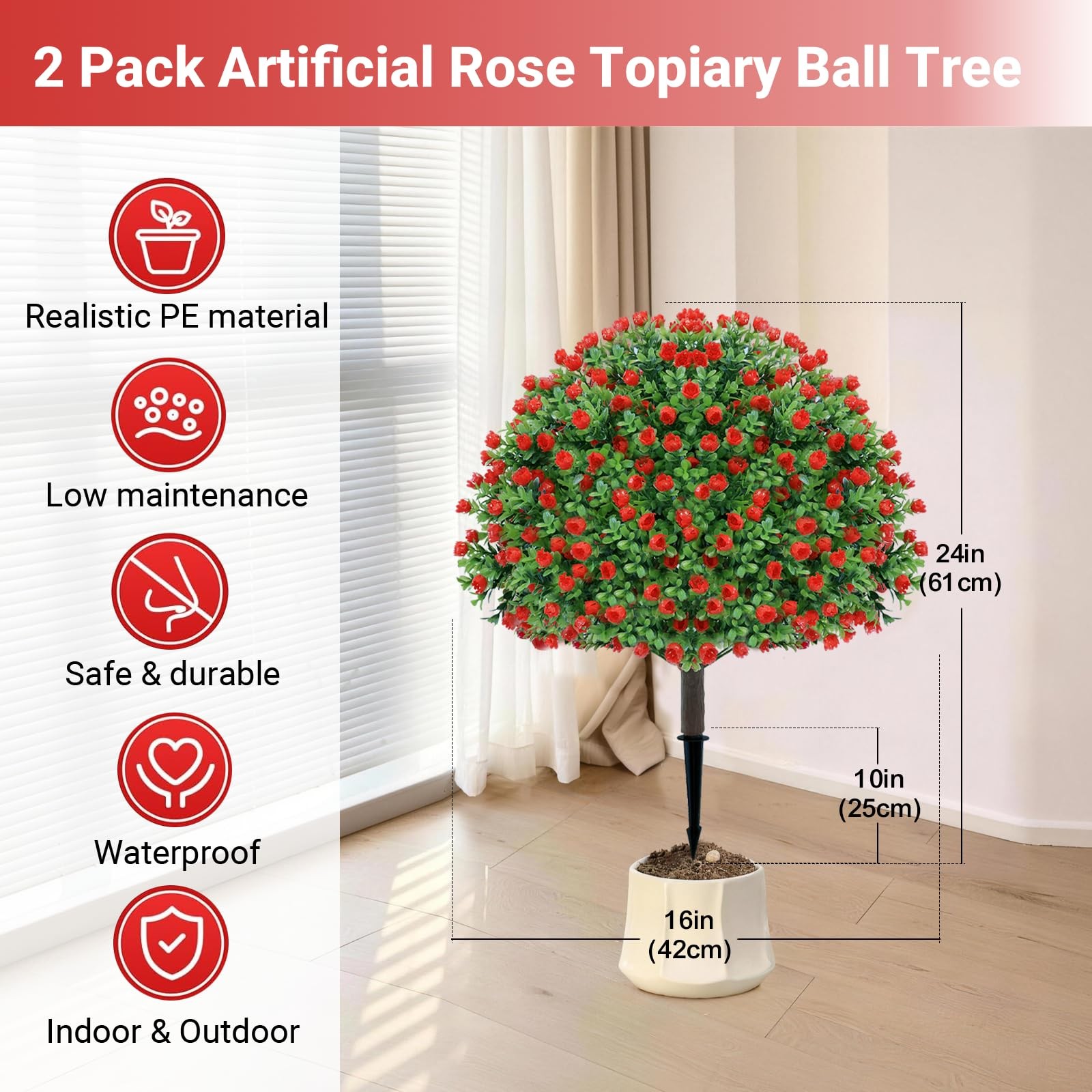 Artificial Topiary Rose Set of 2, Boxwood Ball with Ground Spike