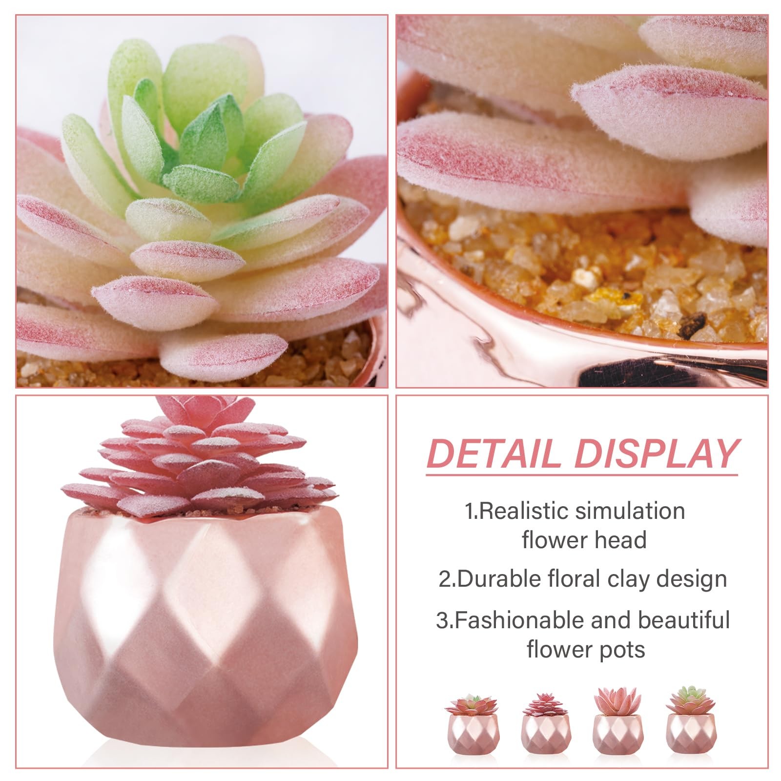 4 Pack Artificial Faux Succulents in Pots, Mini Rose Gold Fake Plants for Des…