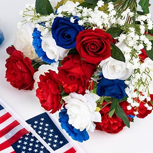 28 Pcs Red White and Blue Flowers, Patriotic Memorial Bouquet Atificial Flowers,