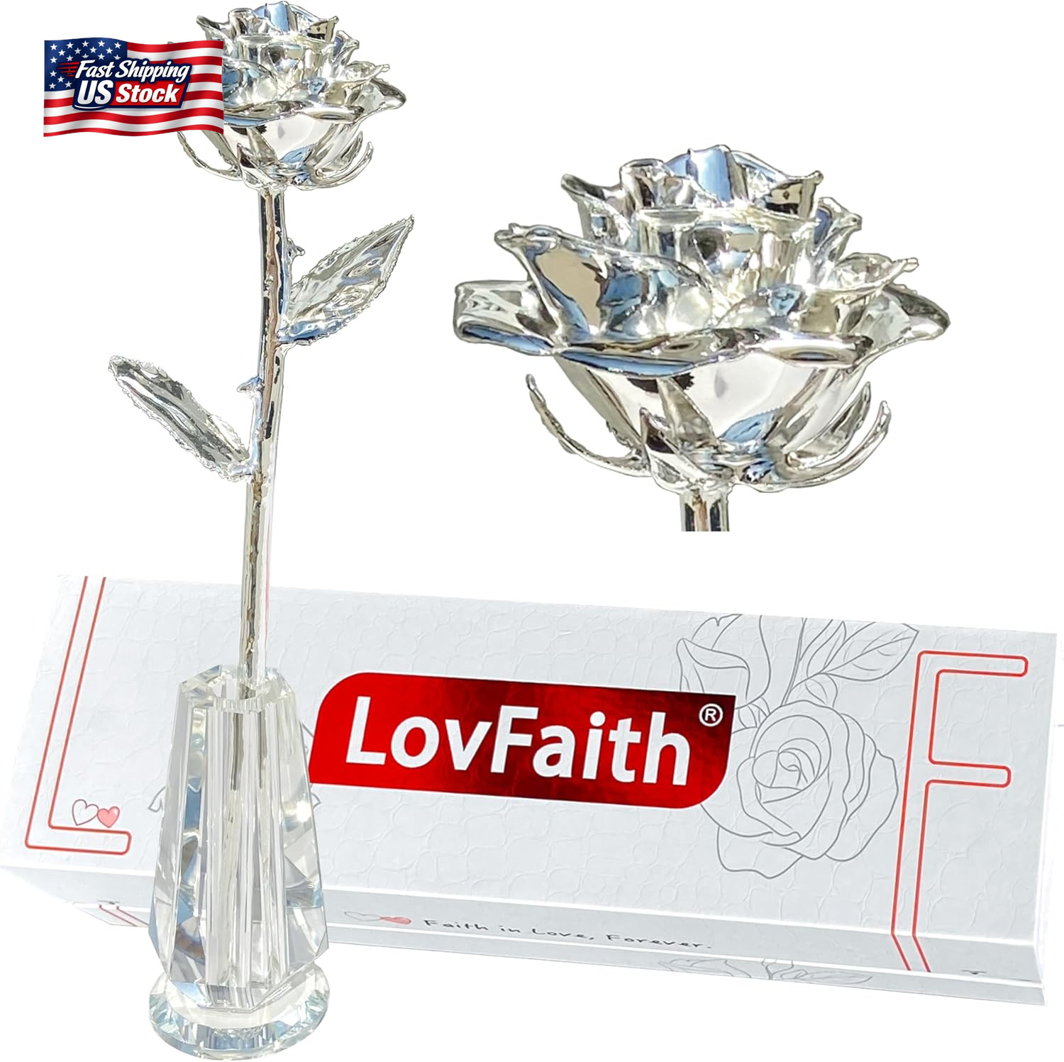 Valentine Gift Real Rose Dipped Thick Sterling Silver with Crystal Stand, Best 2