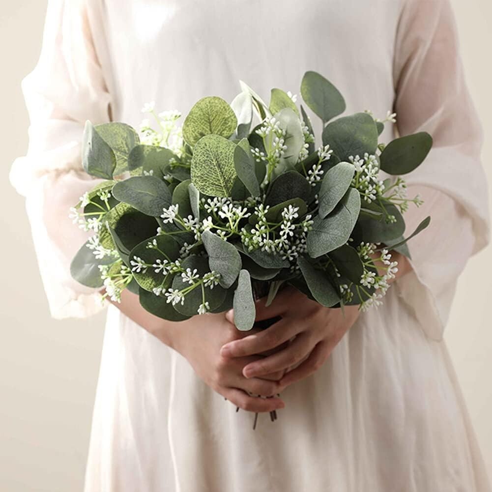 20 Pack Artificial Eucalyptus Leaves Stems w/White Seeds 11″ Tall Greenery Plant