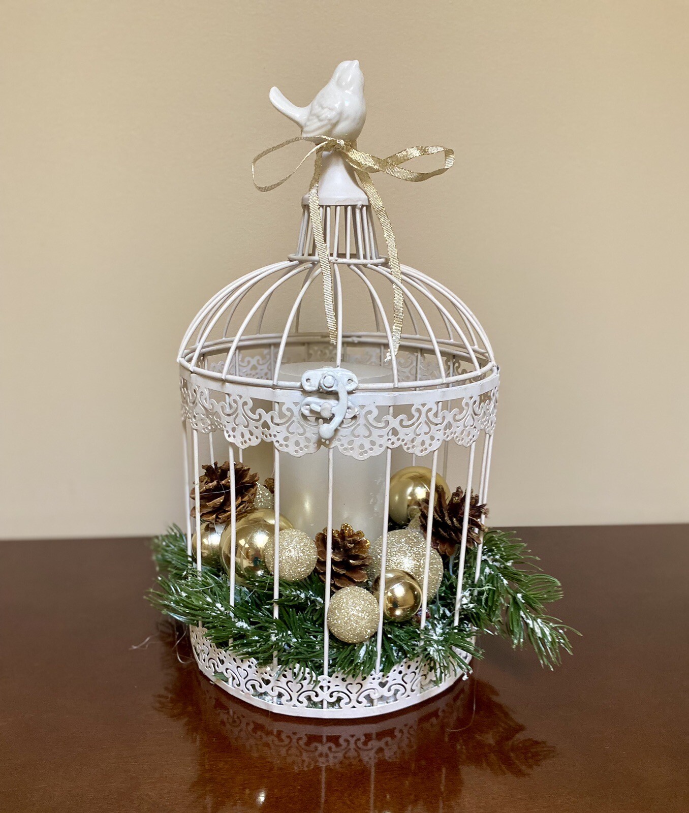 Vintage Christmas Birdcage with Gold Highlights & Pillar Candle