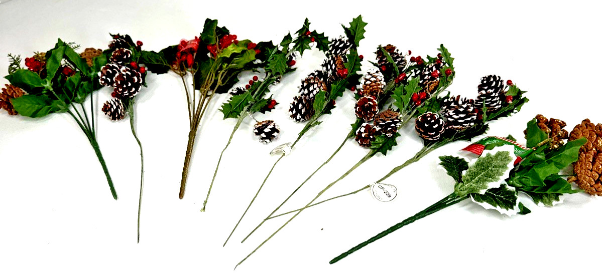 9 Christmas Floral Picks Sprays Holly Leaves Pinecone Red Berries Hobby Lobby +