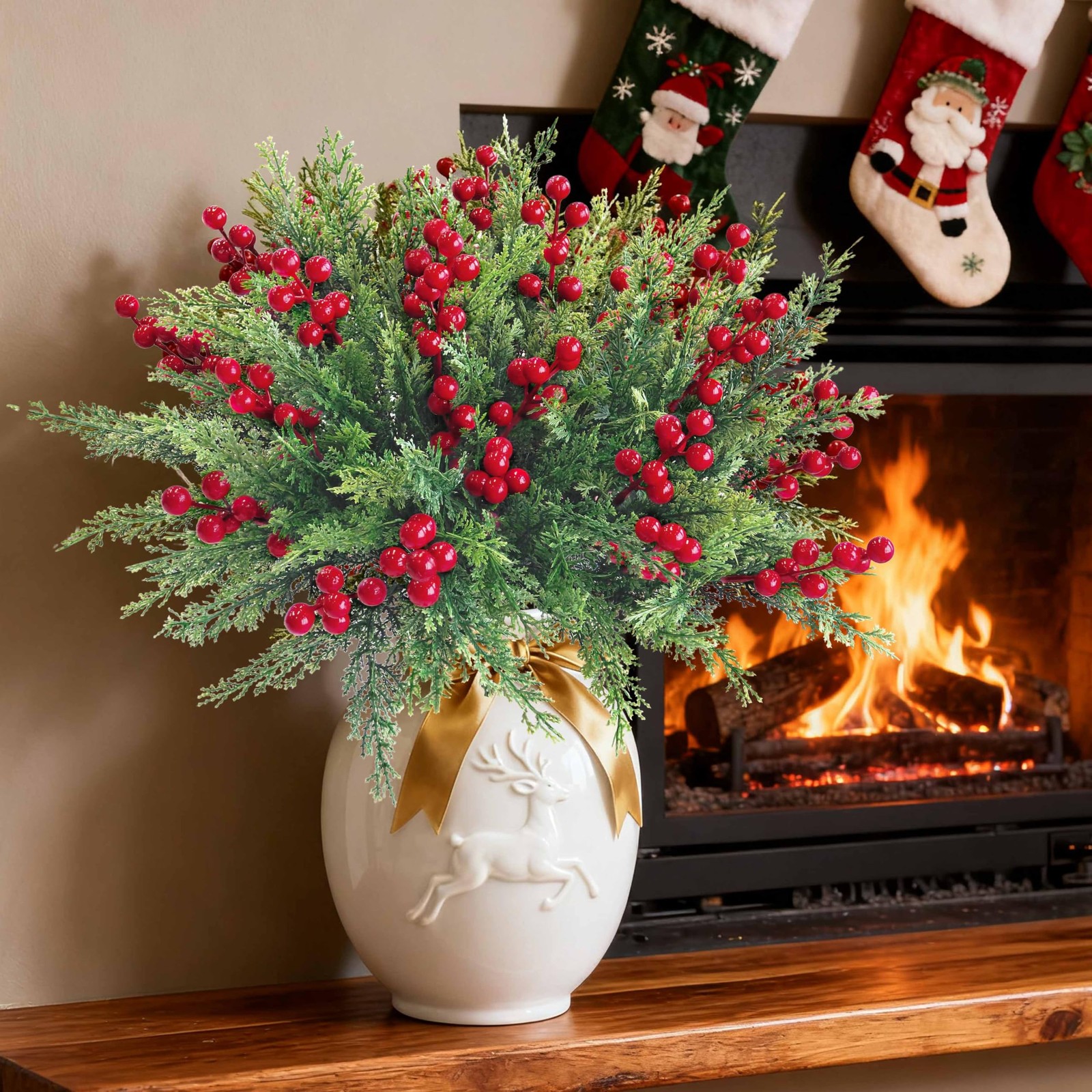 4 Bundles 84 Pcs Christmas Artificial Flowers,Faux Norfolk Pine Branches with…