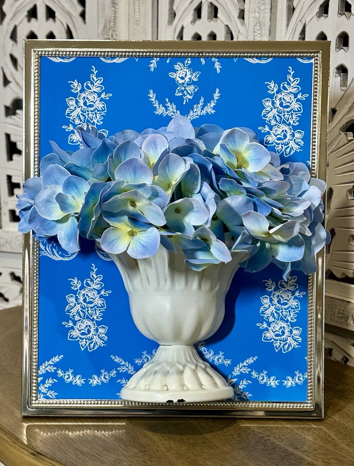 3D Artistry Handmade Blue Hydrangeas in Distressed Metal Urn Framed Florals