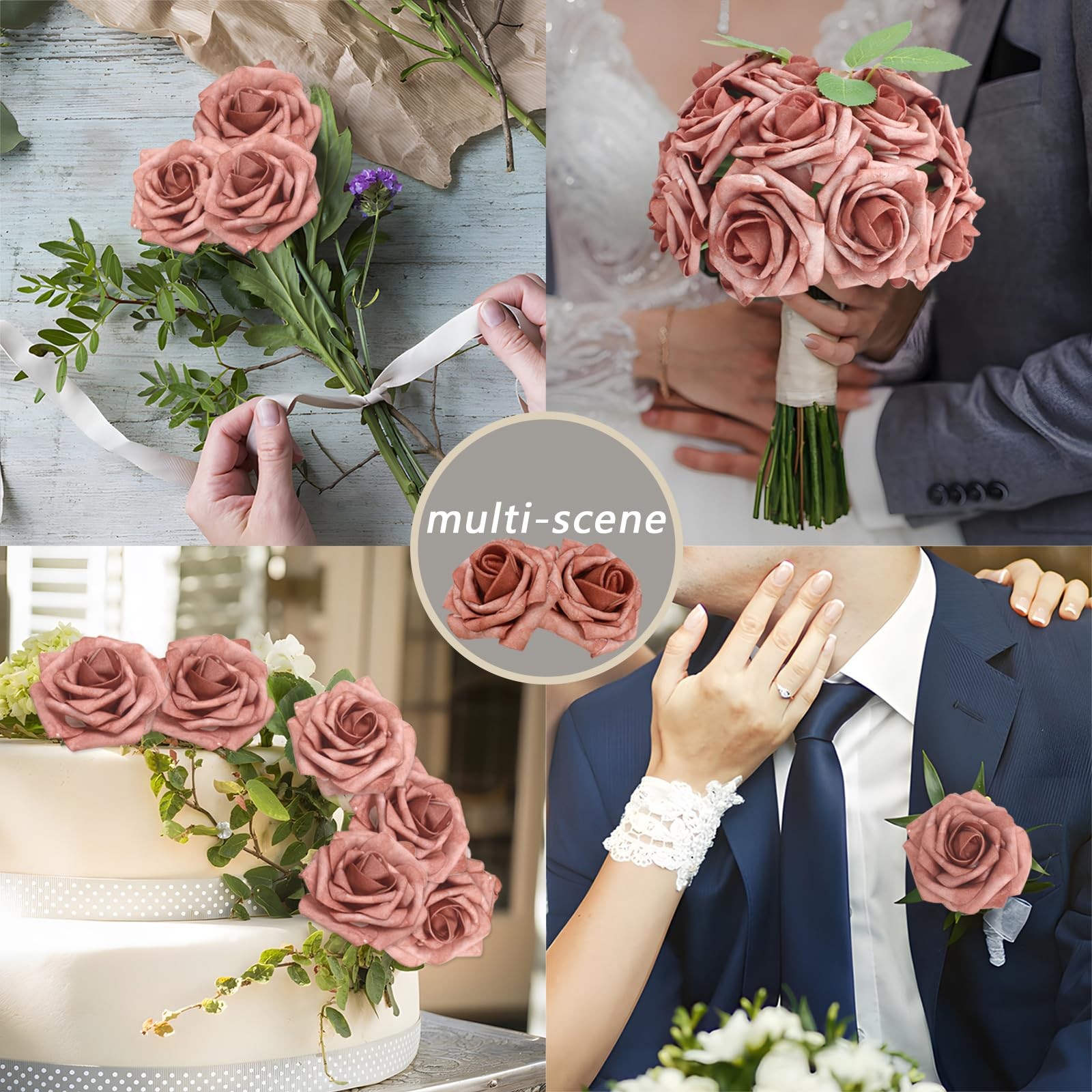 100 PCS Warm Taupe Artificial Flowers Roses Foam Fake Leaves Wedding Bridal