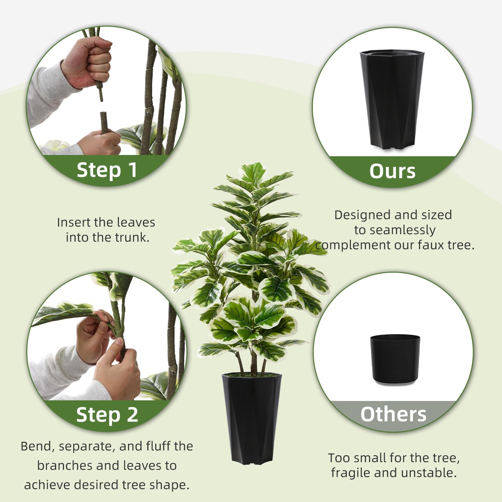 Artificial Fiddle Leaf Fig Tree 5FT Faux Rubber Plant with Black Diamond Pla…
