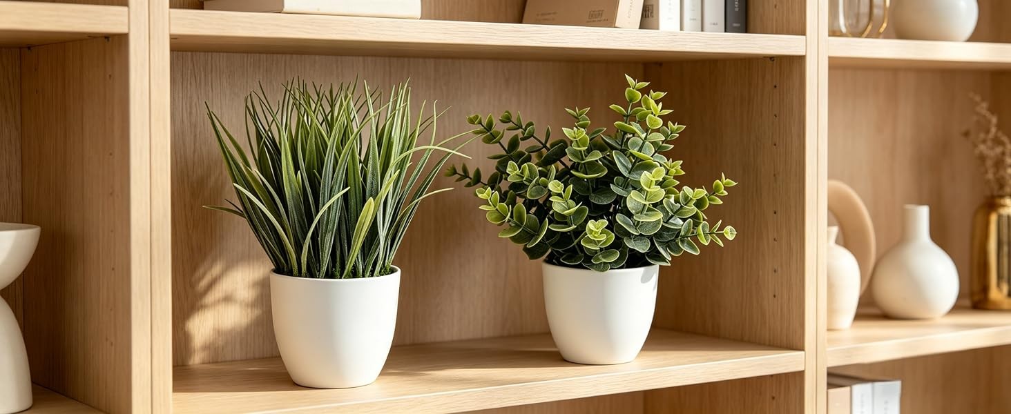2 Pack Small Fake Plants, Artificial Eucalyptus Potted Plants for Spring and