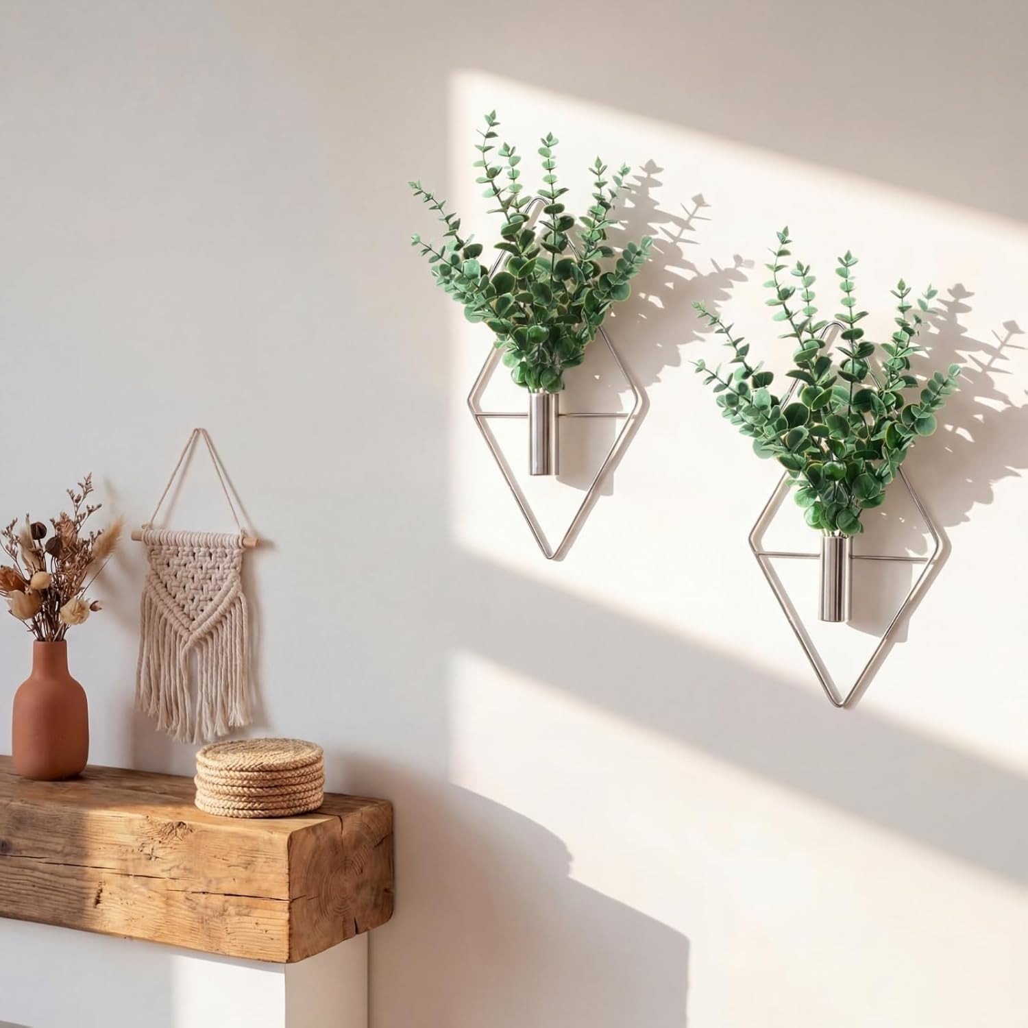 2 Pieces Wall Decor Hanging Planters with Artificial Plants Metal Hanging Vas…