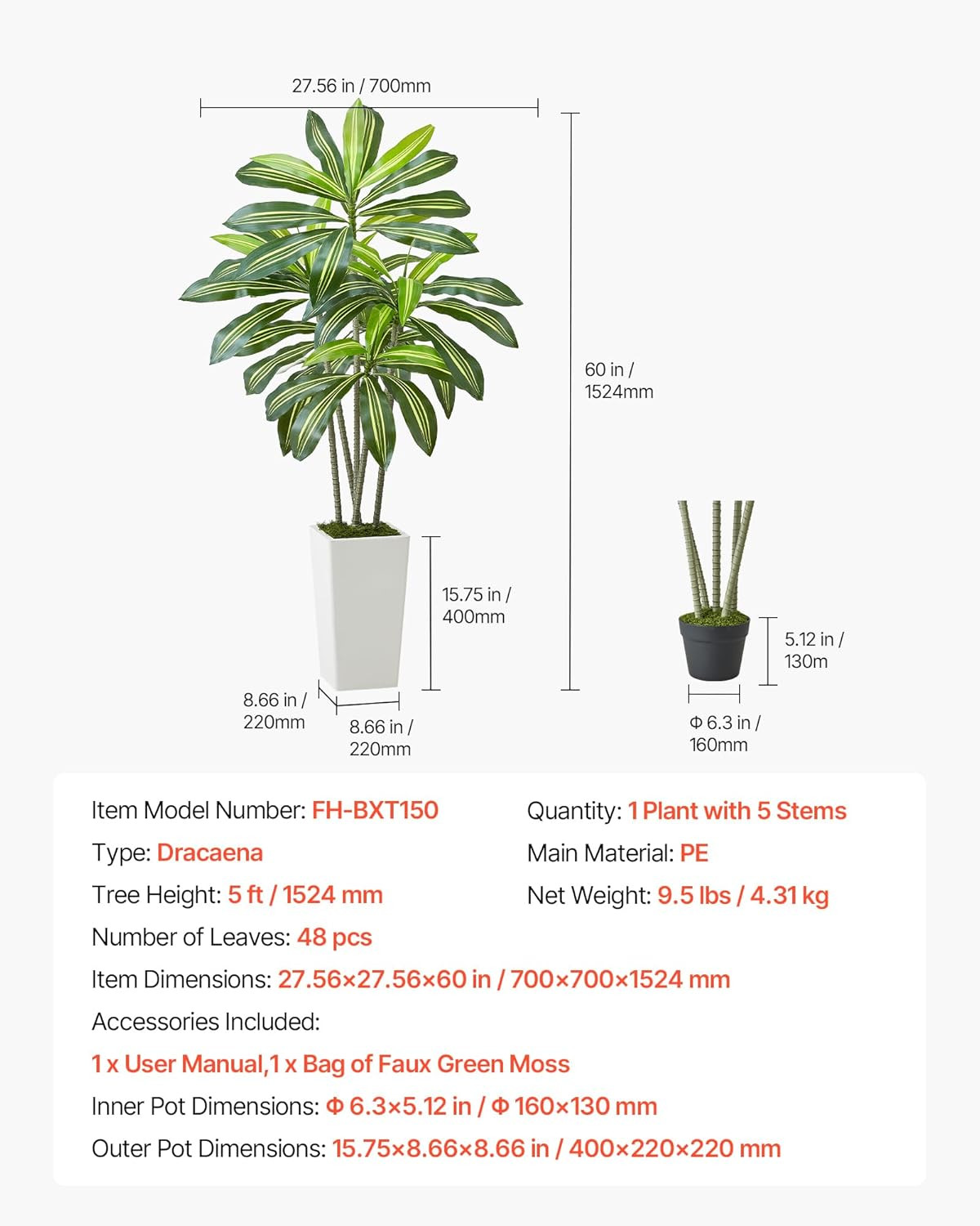 Artificial Dracaena Tree 5 Ft, Fake Palm Tropical Plants with White Tall Planter