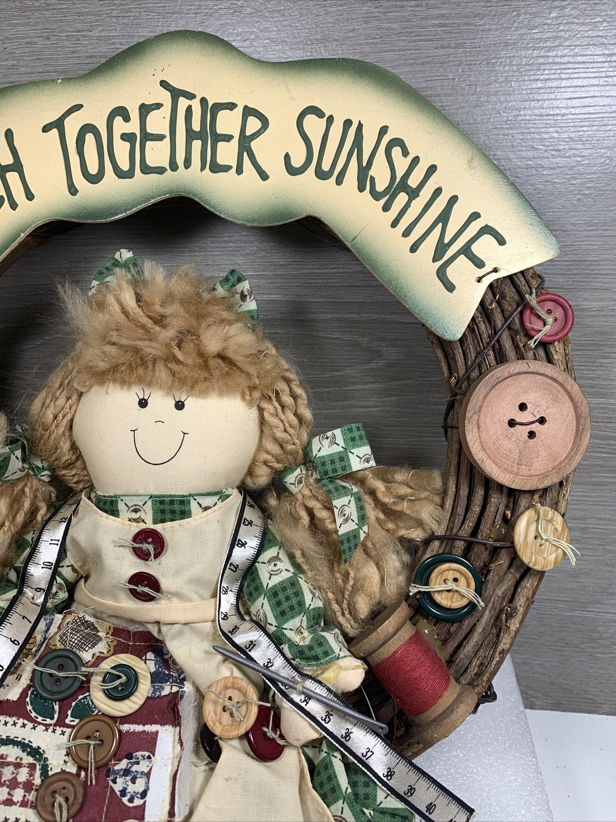 “Stitch Together Sunshine” Round Wooden Wreath Farmhouse Door Sign Wall 13.5”