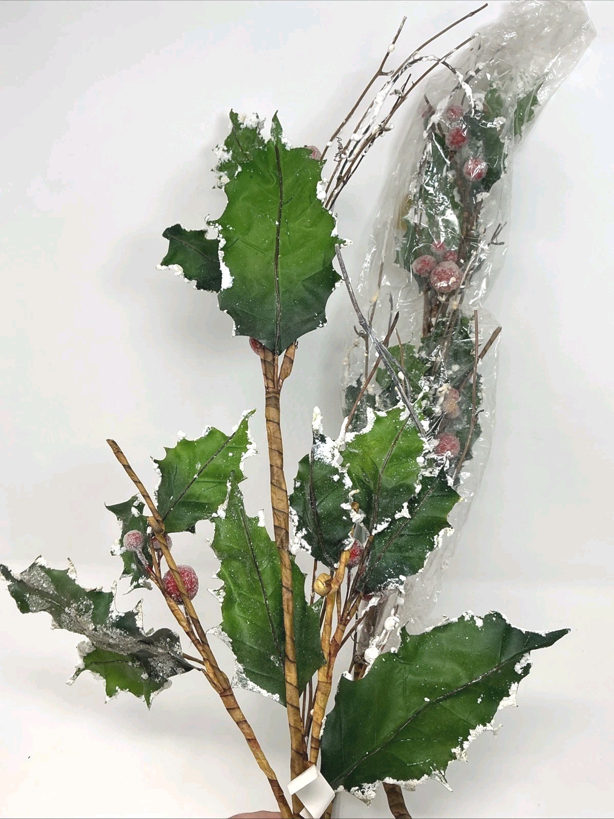 Holly Leaf Floral Pick w Flocked Edges Red Sugar Berries 36” 2 Picks Artificial