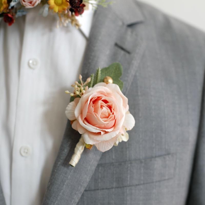 Pink Rose Boutonniere Groom Groomsman Wedding Flower Prom Suit Decoration
